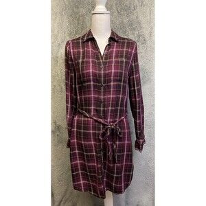 Banana Republic Women’s Plum Plaid, Button Down, Tie Waist Shirt Dress Size 2